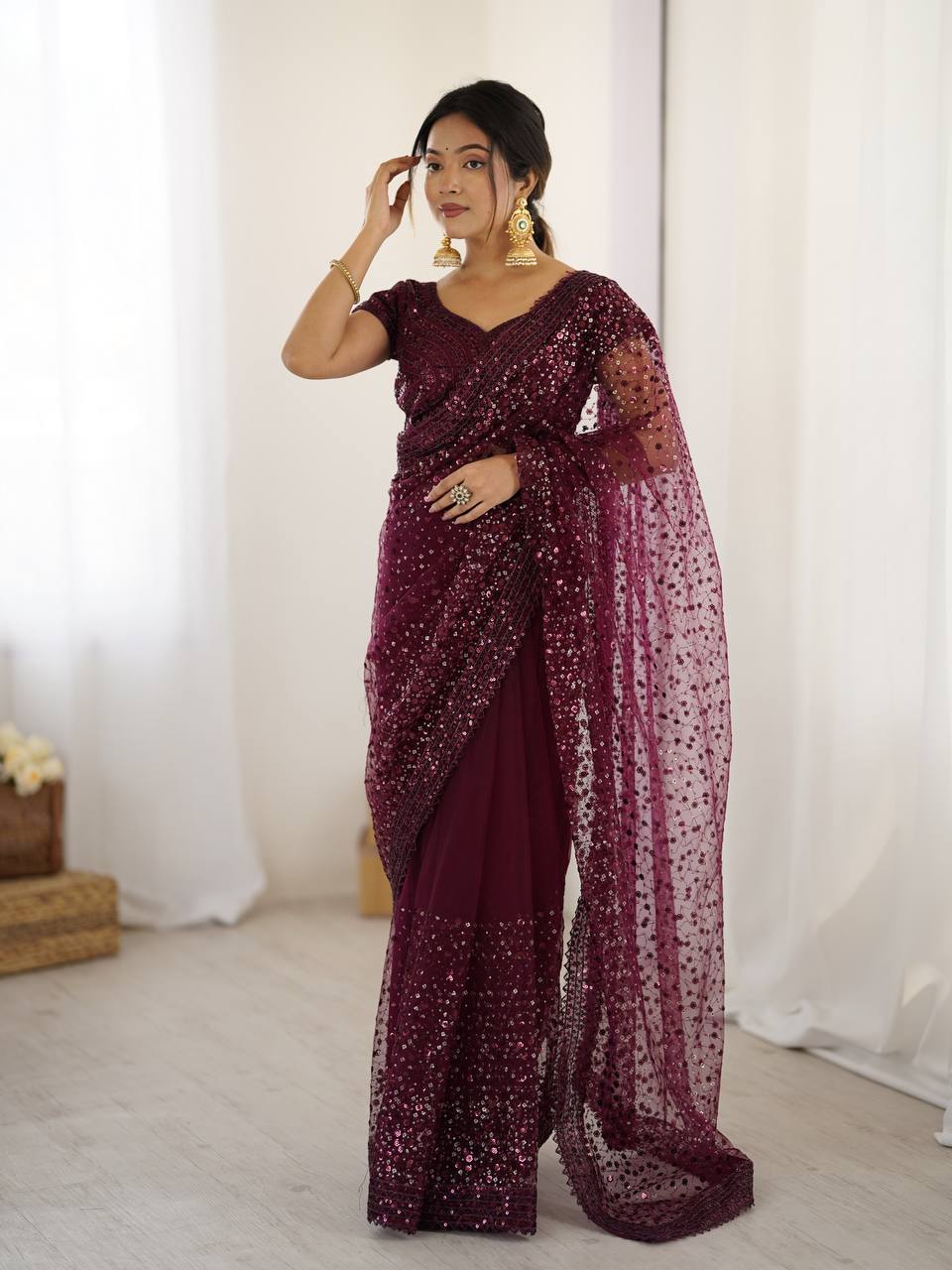 ✨ Glitter & Glamour Net Saree Set – Perfect for Festive & Party Looks ✨